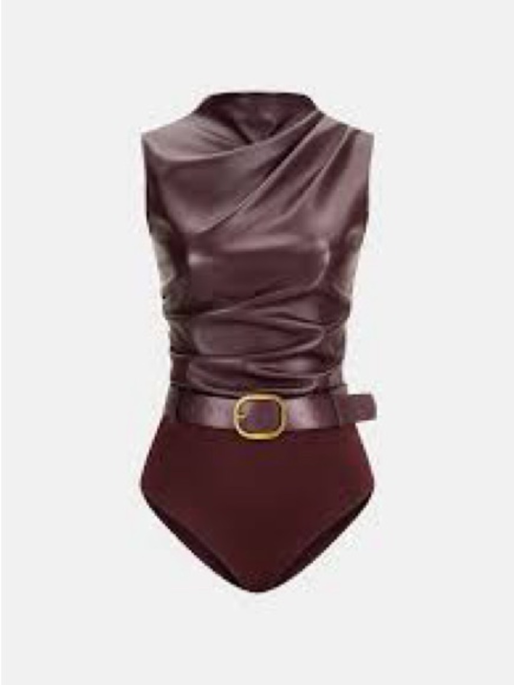 Commense Sleeveless Draped Faux-Leather Bodysuit with Belt - Burgundy